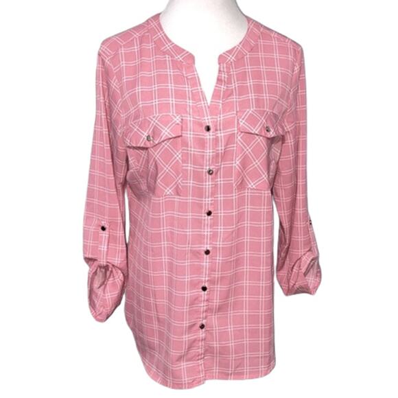 NY Collection Pink 3/4 Long Sleeve Plaid Button Front Top Size Large - Picture 1 of 13